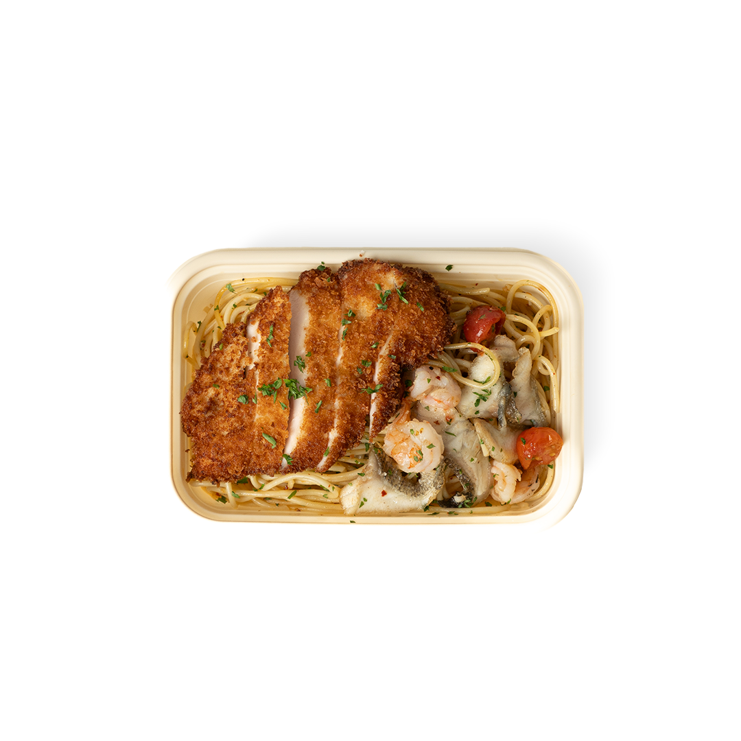 Seafood Spaghetti Aglio Olio with Chicken Escalope (Chicken Breast)